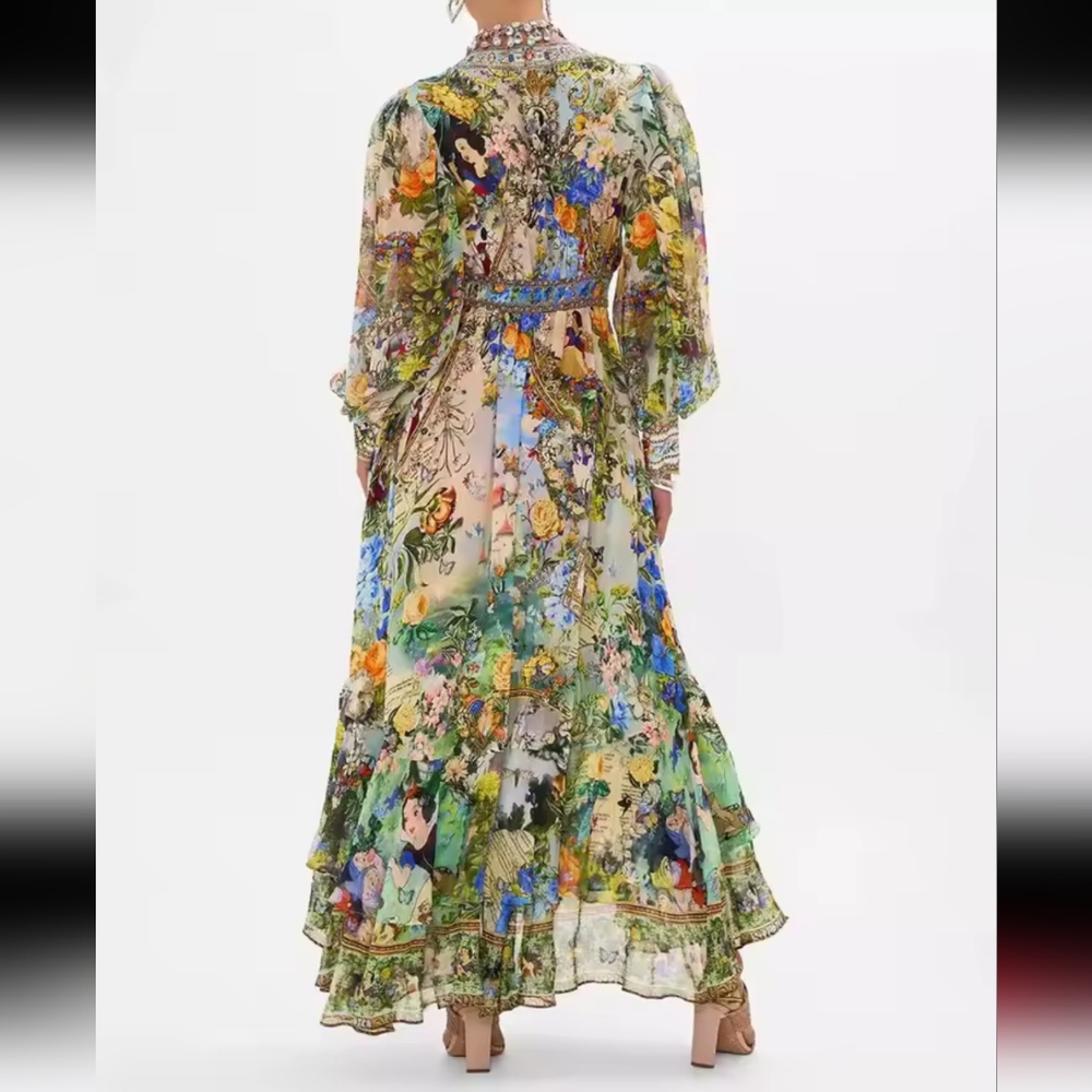 PrintingVCollar Long-Sleeved Bubble Sleeve Waist-TiedSummer New Women's Clothes - Picture 2 of 6